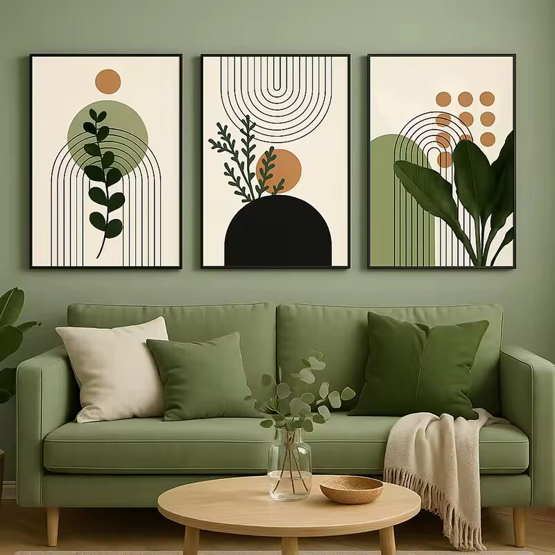 3 Piece Botanical Wall Art Set Modern Green Minimalist Fresh Plant Canvas Prints for Living Room or Bedroom Home Decor