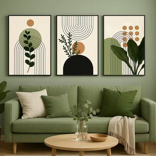 3 Piece Botanical Wall Art Set Modern Green Minimalist Fresh Plant Canvas Prints for Living Room or Bedroom Home Decor
