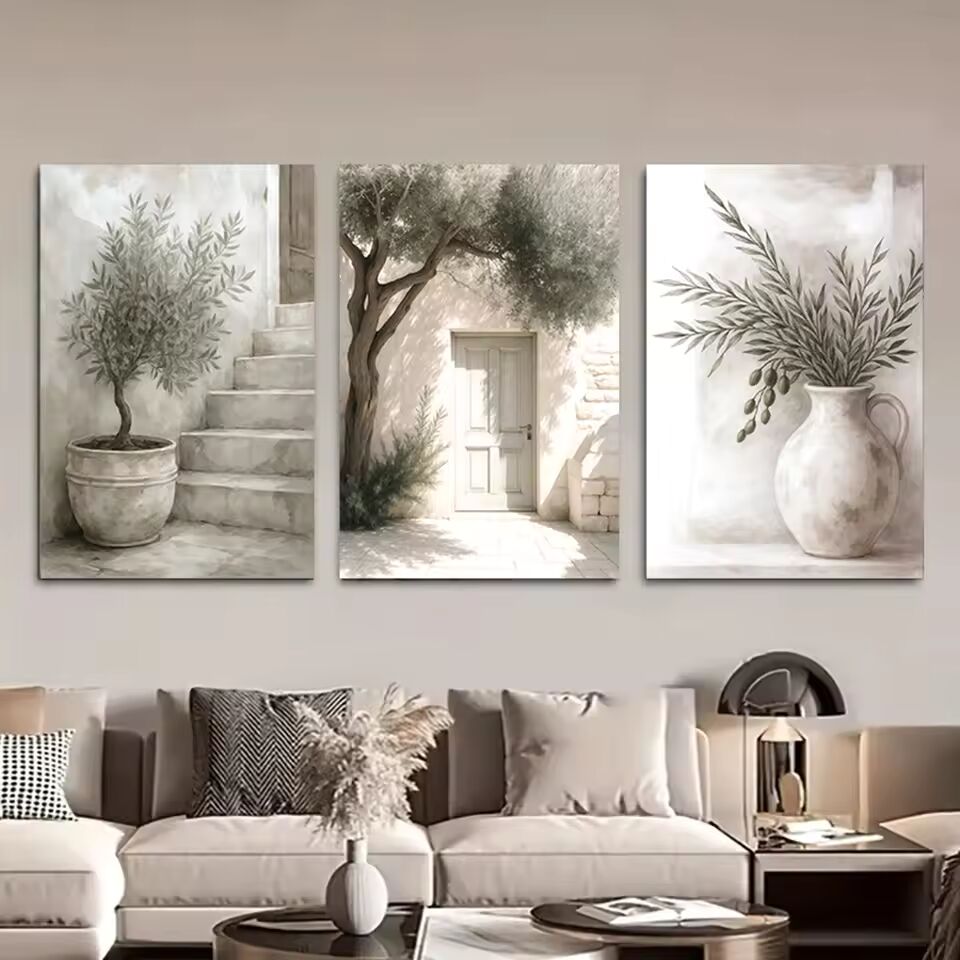 3PCS Nordic Olive Tree Wall Art Prints, Mediterranean Plant Poster Set, Minimalist Canvas Painting for Living Room Bedroom Decor