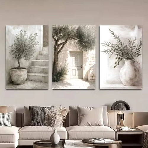3PCS Nordic Olive Tree Wall Art Prints, Mediterranean Plant Poster Set, Minimalist Canvas Painting for Living Room Bedroom Decor