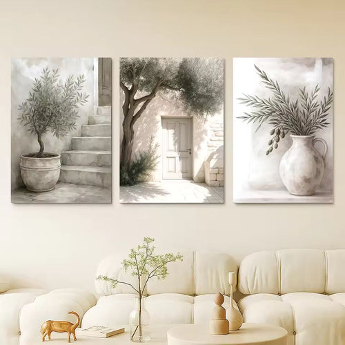 3PCS Nordic Olive Tree Wall Art Prints, Mediterranean Plant Poster Set, Minimalist Canvas Painting for Living Room Bedroom Decor